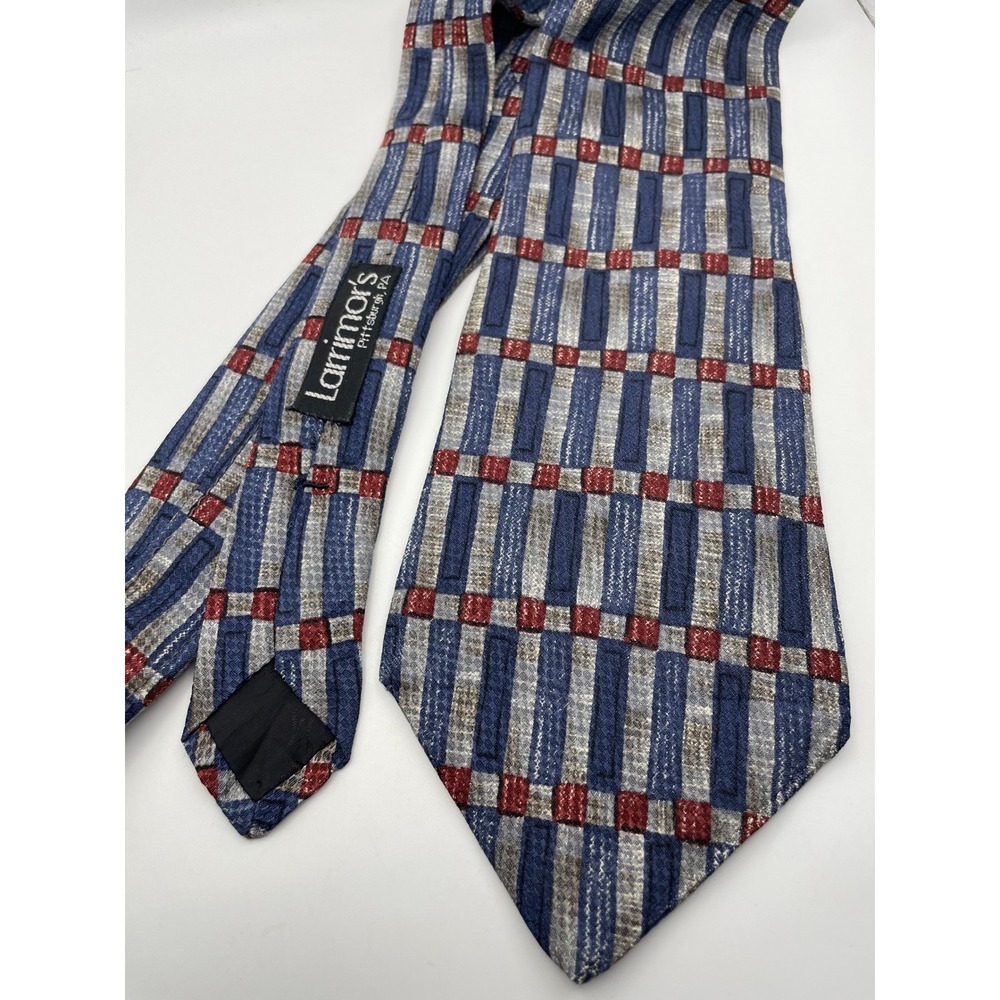 Countess Mara Mens Silk Tie Blue Silver Red Geometric Grid Made in USA 4 Inch